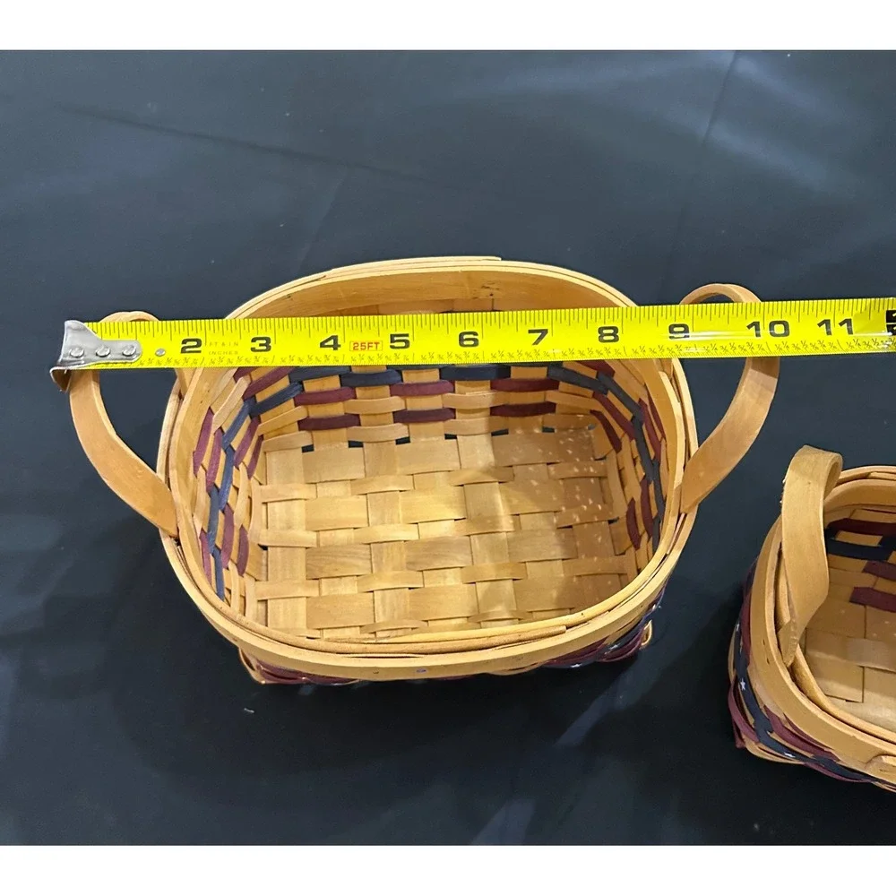Primitive Woven Basket Set Americana Star Accent Nested Wood Handle Decor Pair